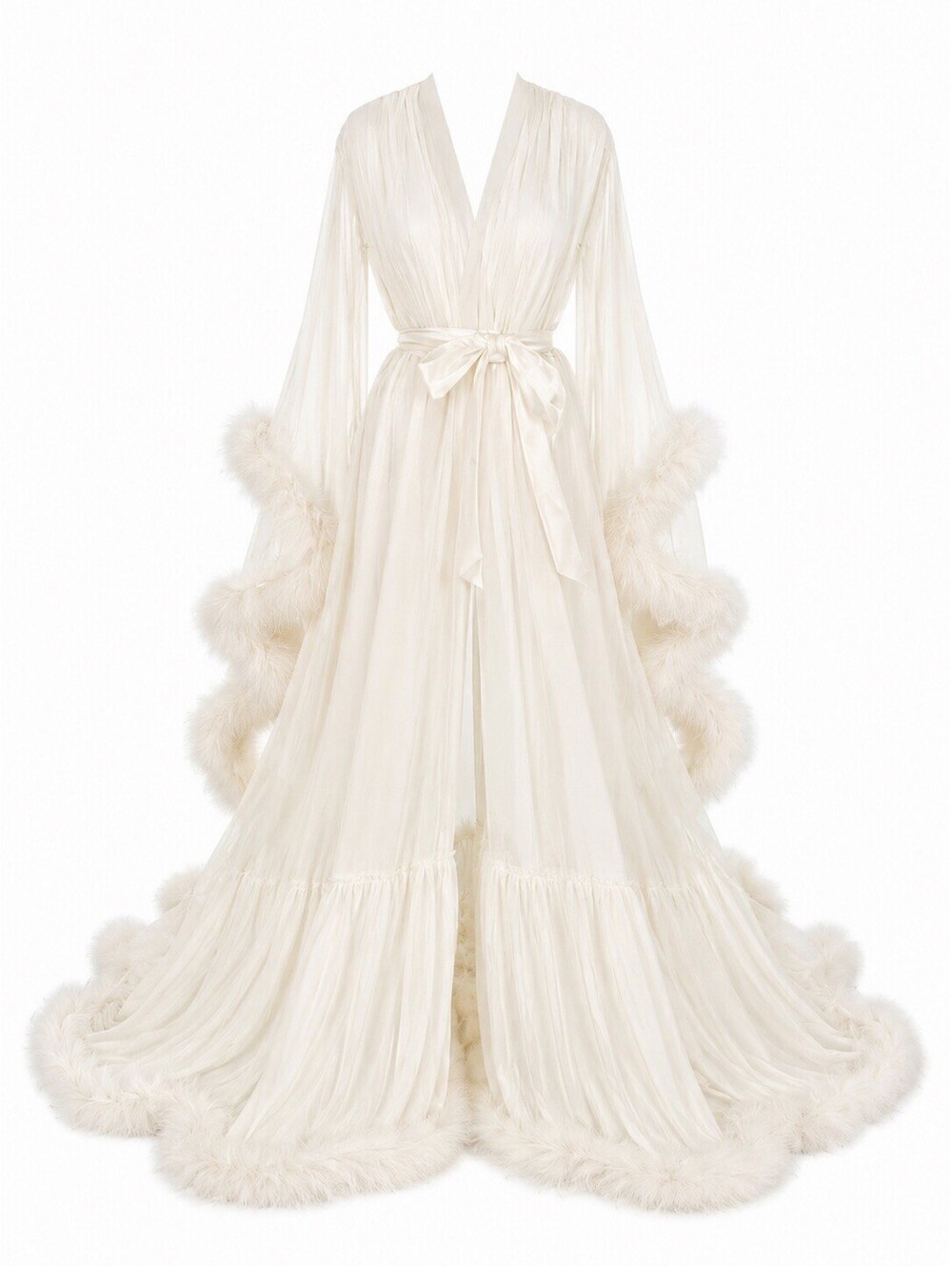 Ivory Feather Bridal Robe Long Sheer Chiffon Lingerie Nightgown S/M